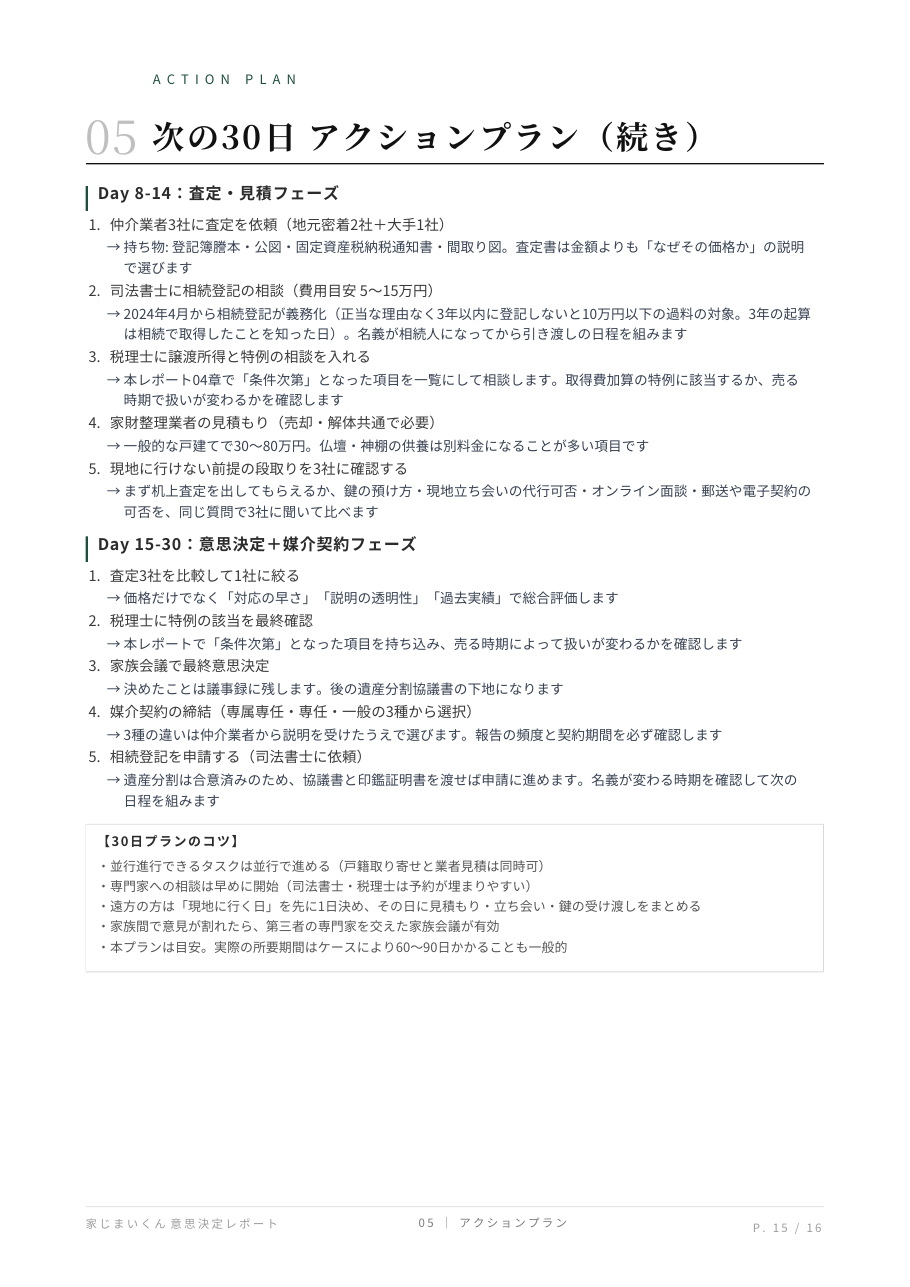 有料レポート見本 15ページ目: 05 次の30日 アクションプラン(続き)